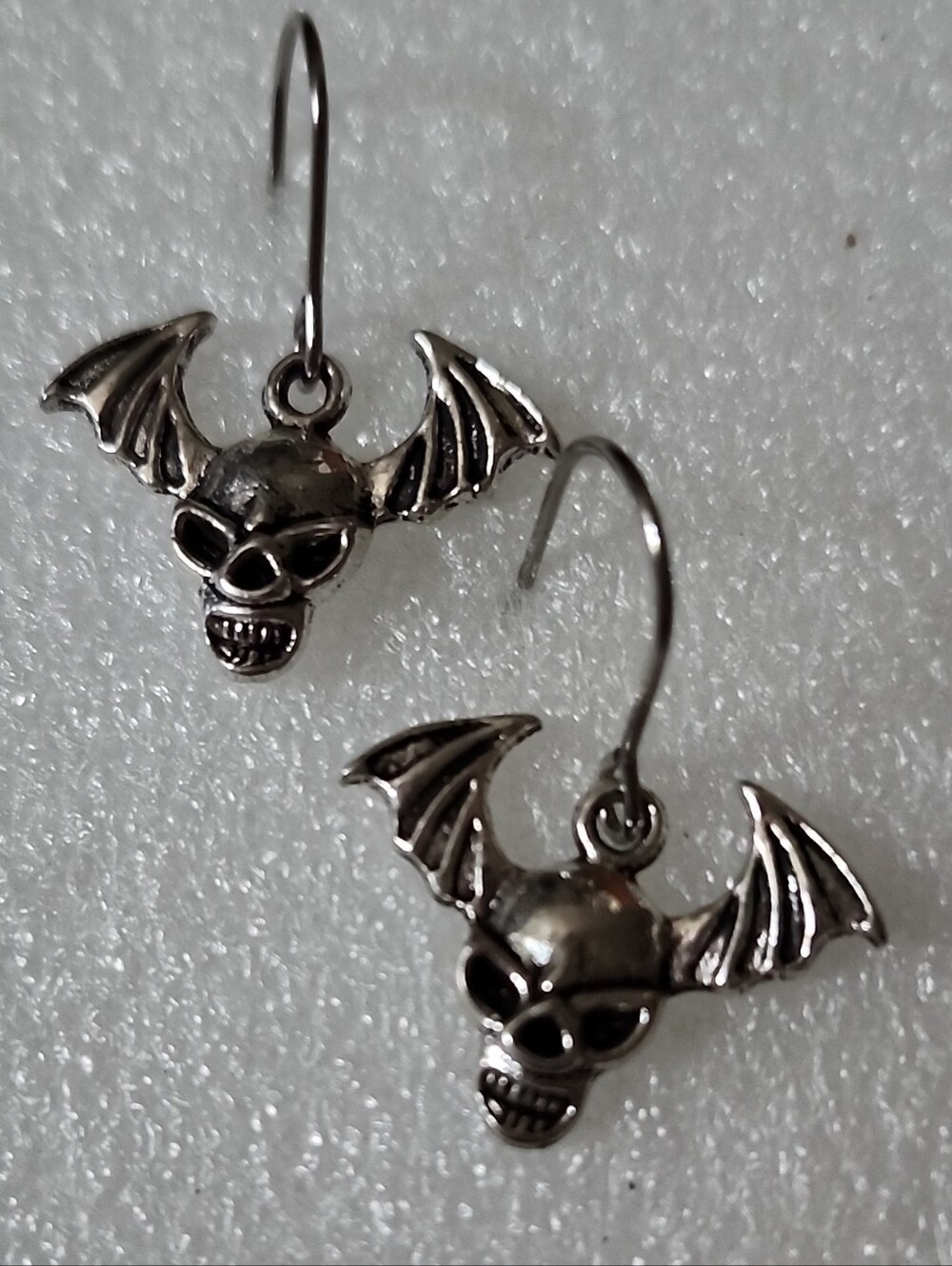 Hand Crafted Silver Bat Skull Dangle Earrings